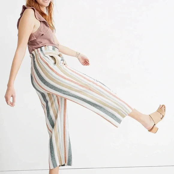 Madewell Tie-Waist Huston Pull-On Crop Pants in Stripe, Size Large - Picture 2 of 9